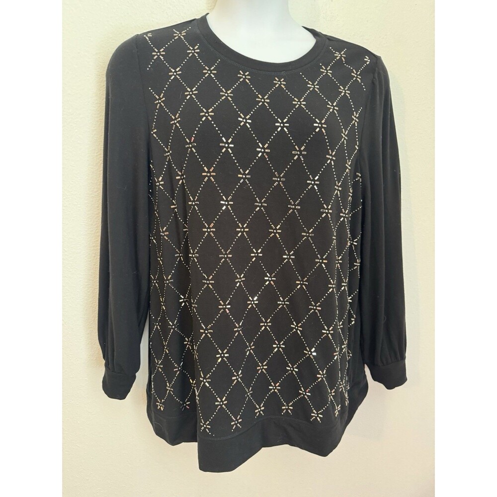 Chico's Embellished Sweater Top Pullover Knit Size 2/L Sparkle Black Gold EUC